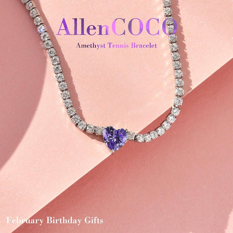 AllenCOCO Sterling Silver Heart Birthstone Bracelet, 14K White Gold Plated, AAAAA+ CZ Cubic Zirconia, Tennis Chain with Heart Charm, Hypoallergenic, Non-Tarnish Jewelry Gift for Women - Image 2